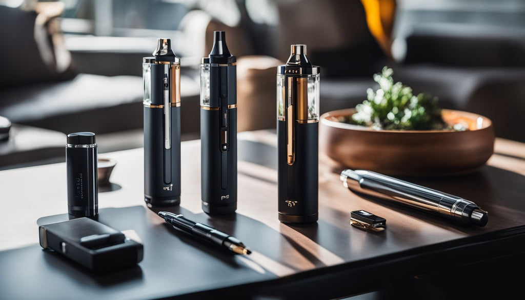 A sleek dab pen and concentrate set-up on a modern tabletop.