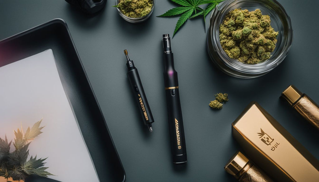 A dab pen and cannabis concentrate on a modern table.