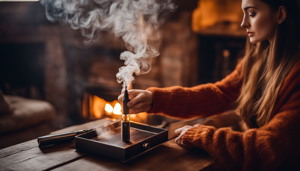 A person holding a vape pen next to a cozy fireplace.