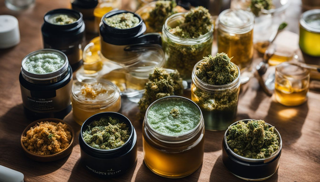 A selection of cannabis concentrates displayed on a modern table.