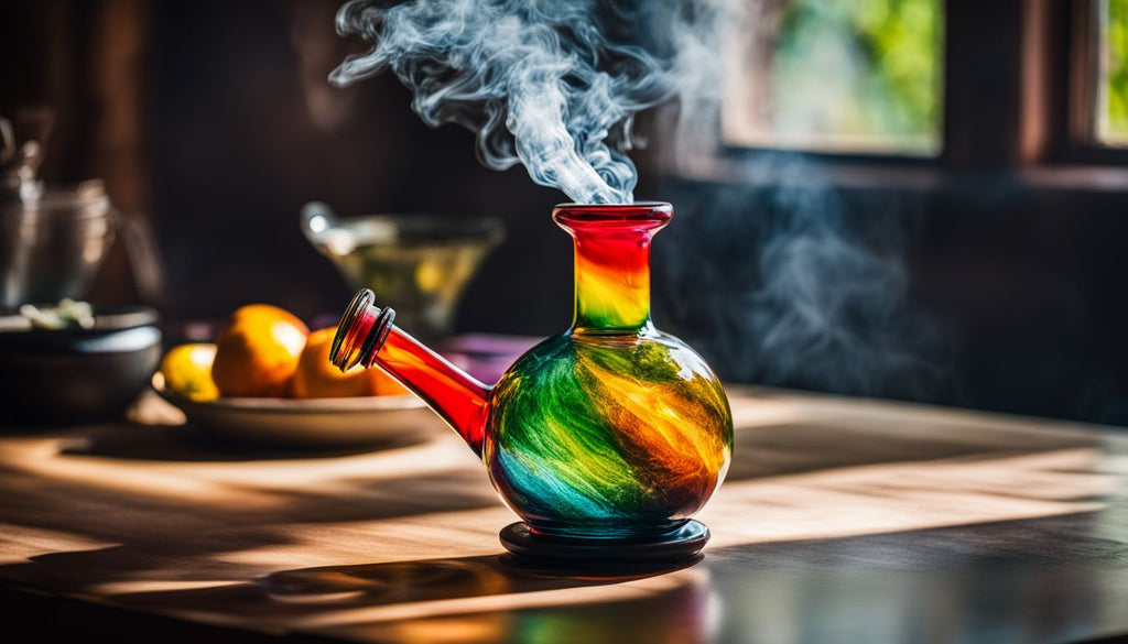 A colorful glass bong with water and smoke in a vibrant setting.