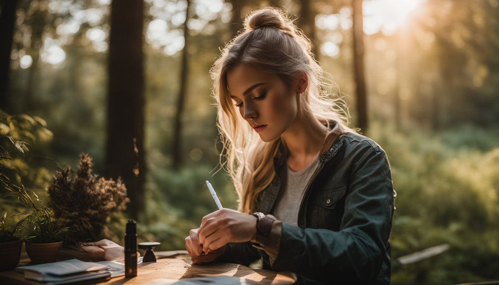 A person using a dab pen in a serene natural setting.