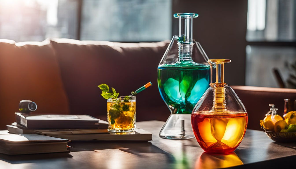 A colorful glass bong on a modern table in a vibrant setting.