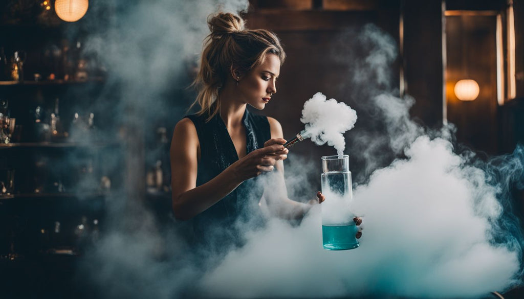 A person using a gravity bong surrounded by smoke in a vibrant setting.