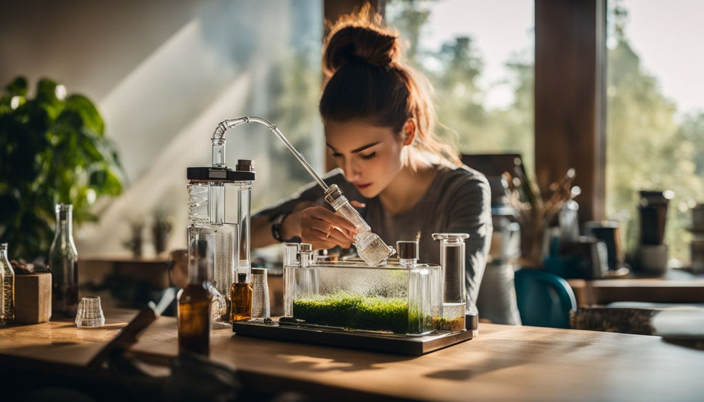 A person using a dab rig on a modern tabletop in nature.