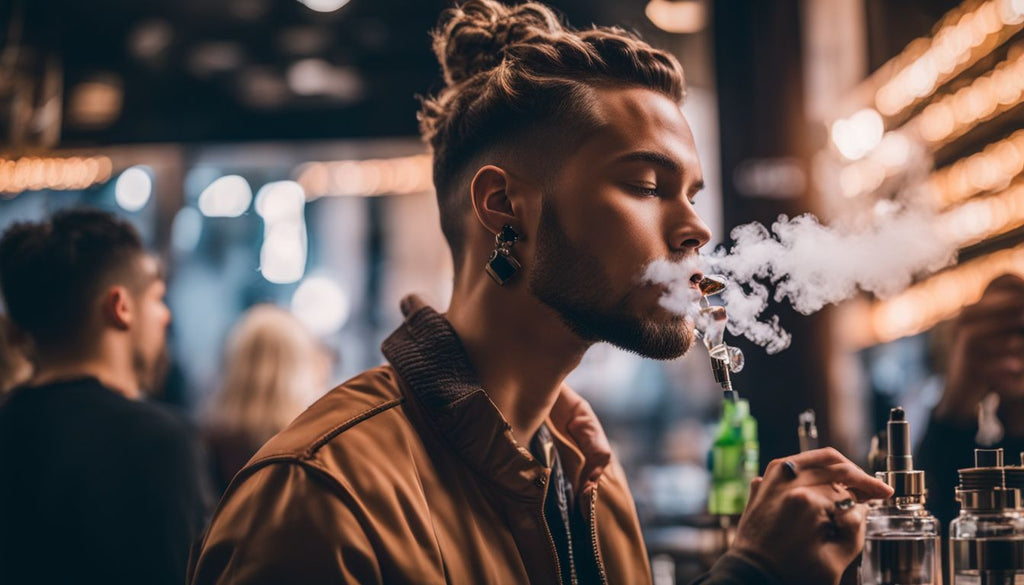A person vaping concentrated cannabis extract in a modern urban environment.