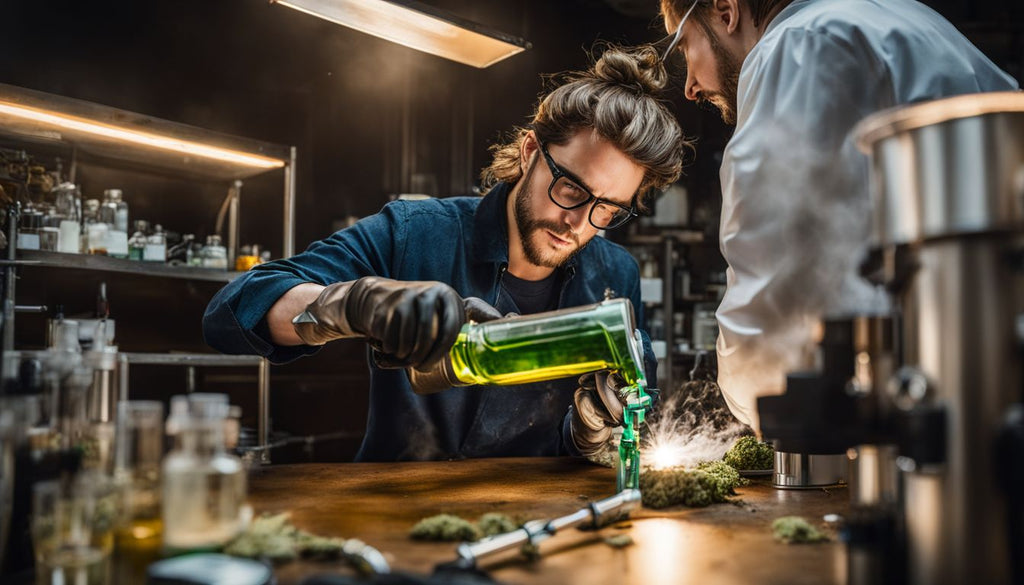 A person uses a blowtorch to extract cannabis concentrate in a lab setting.
