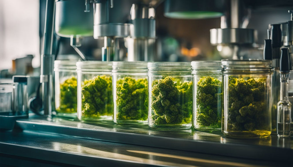 A photo of cannabis concentrates and extraction tools in a laboratory.