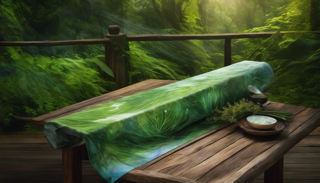 Organic hemp wraps on wooden table with green foliage, eco-friendly living.