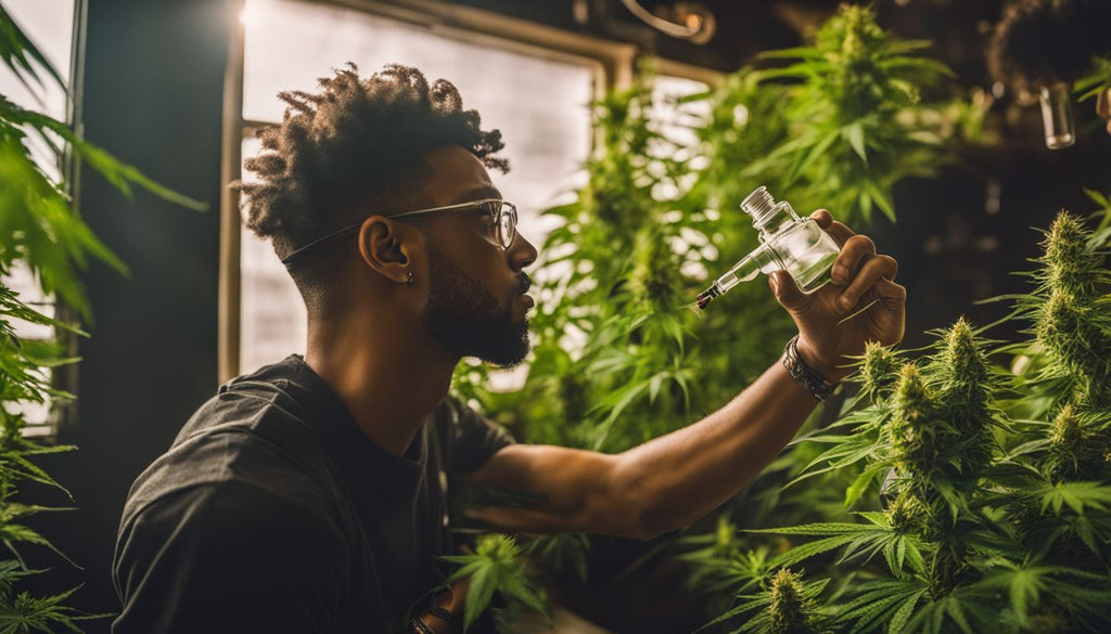 A person taking a dab surrounded by cannabis plants in a bustling atmosphere.