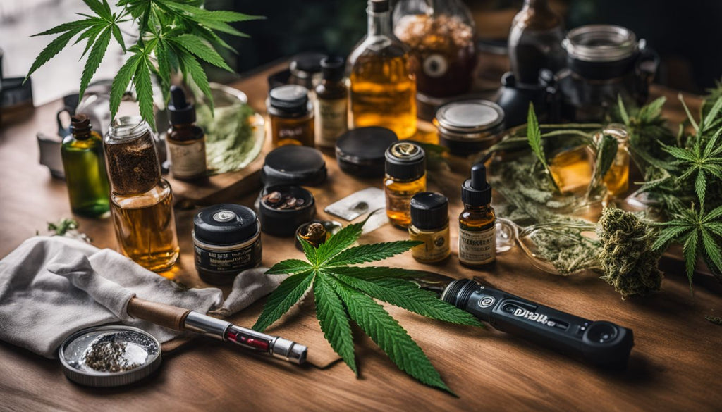 A collection of household items used for dabbing surrounded by cannabis paraphernalia.