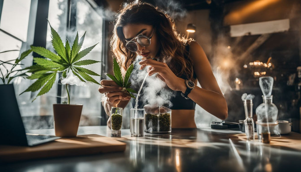 A person uses a dab rig to inhale cannabis vapor indoors.