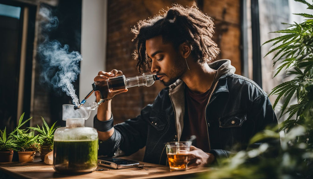 A person using a dab rig to consume cannabis concentrate in a city setting.