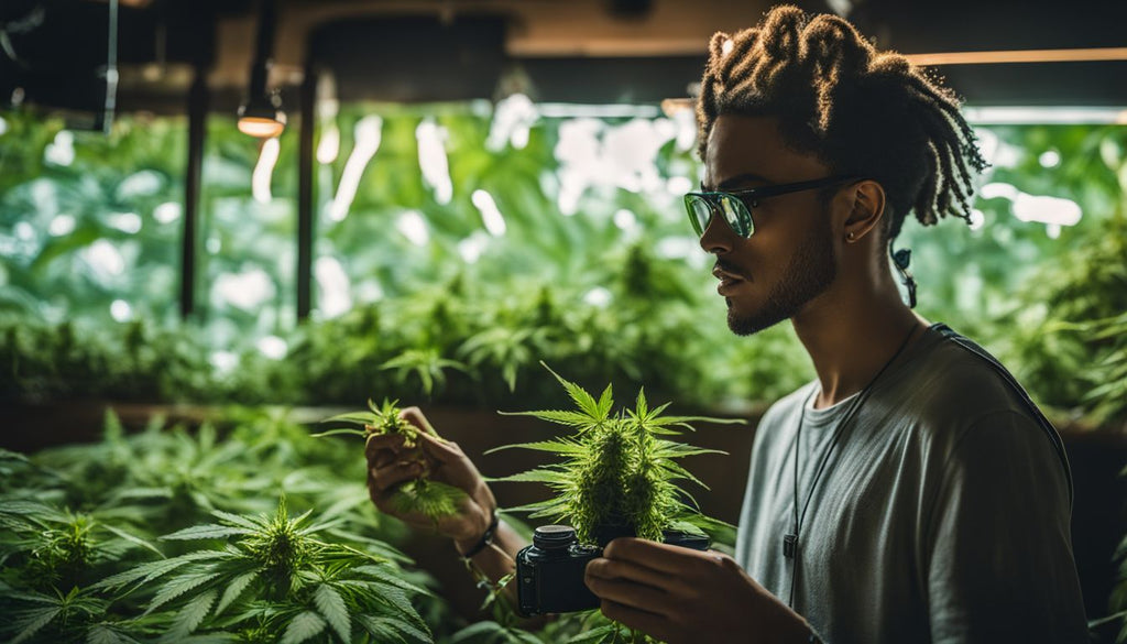 A person holding a dab rig surrounded by cannabis plants.