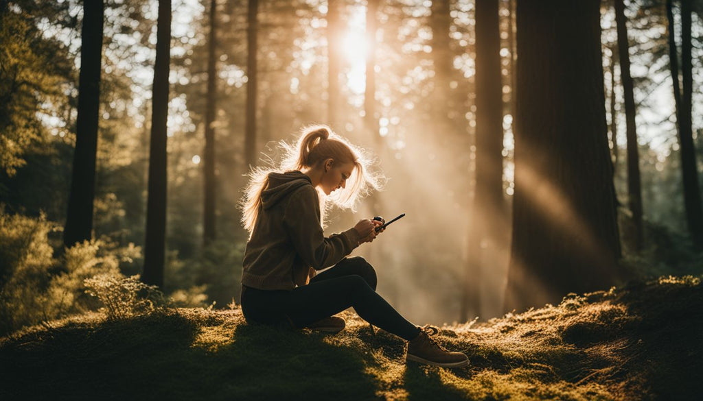 A person using a dab pen in a tranquil natural setting.