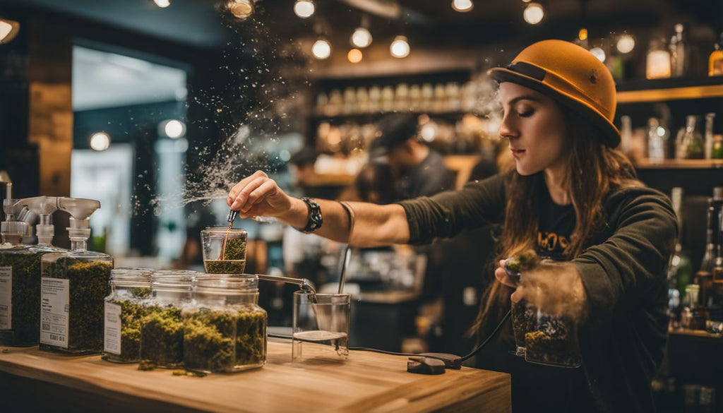 A person using a dab rig at a cannabis dispensary.