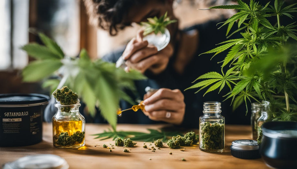 A person preparing cannabis concentrate surrounded by plants in a bustling atmosphere.