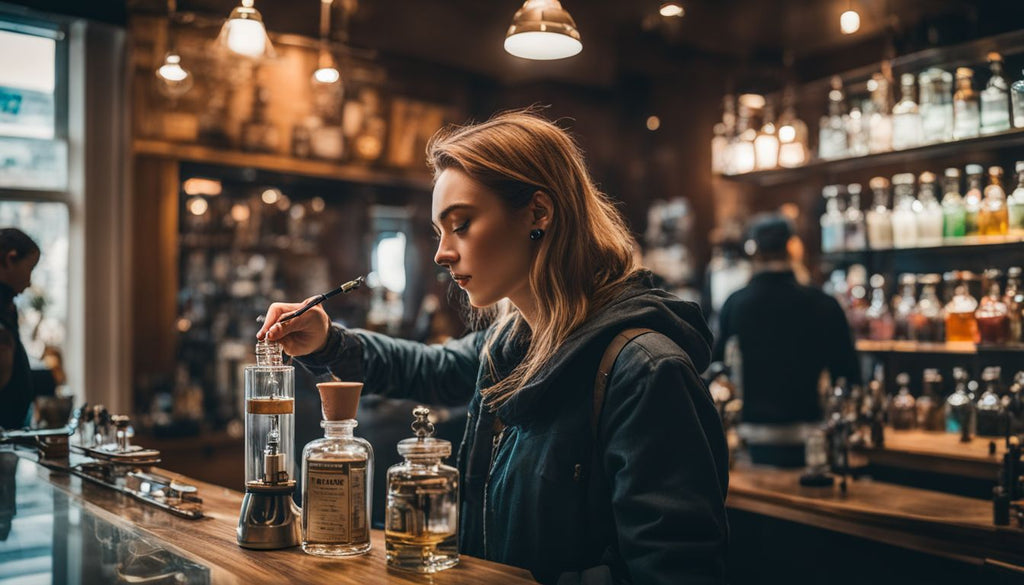 A person using a dab rig in a modern smoke shop.