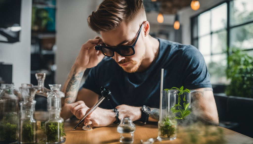 A person taking a weed dab with a dab rig in a stylish indoor setting.