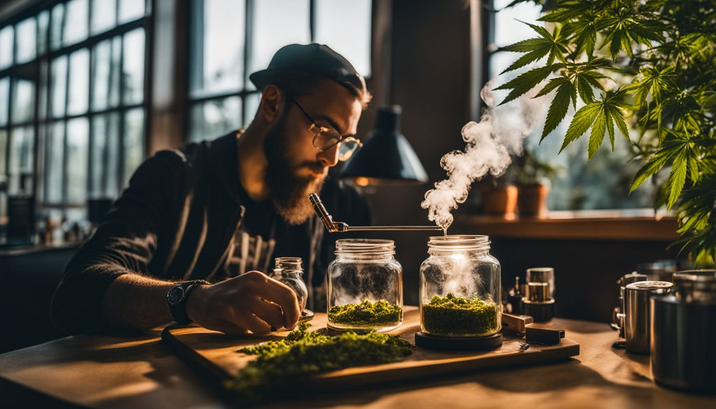 A person using a dab rig to vaporize cannabis concentrate in a modern environment.