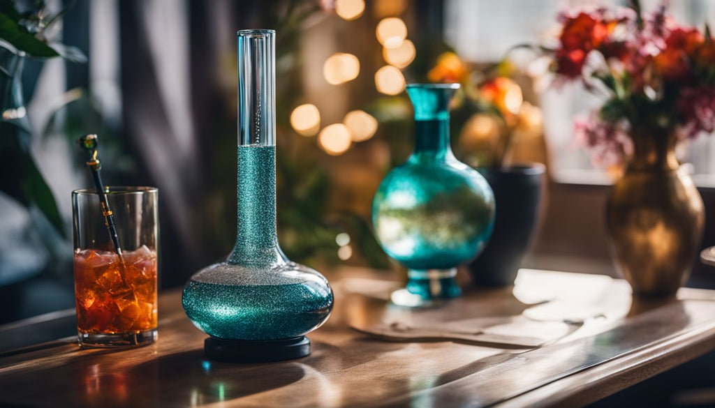 A sparkling clean bong on a bright, clean tabletop in still life.