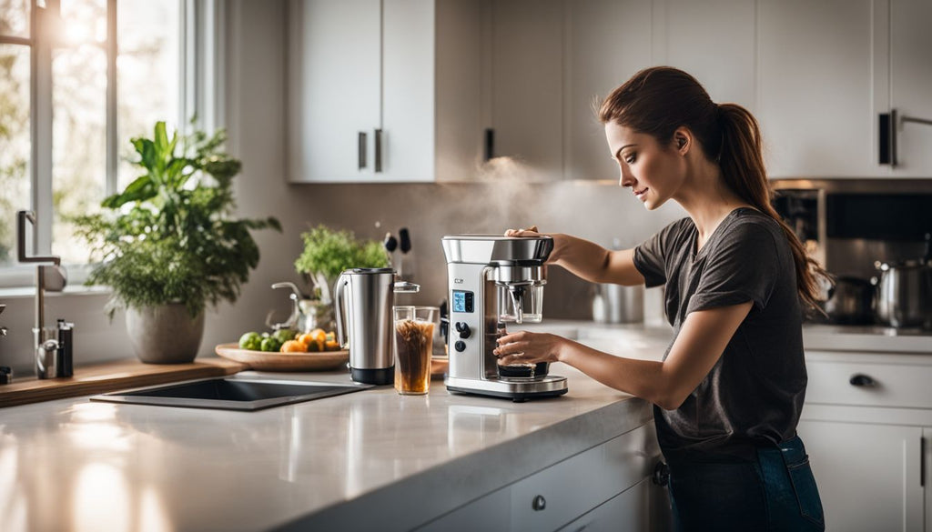A person using a dab rig in a modern kitchen setting.