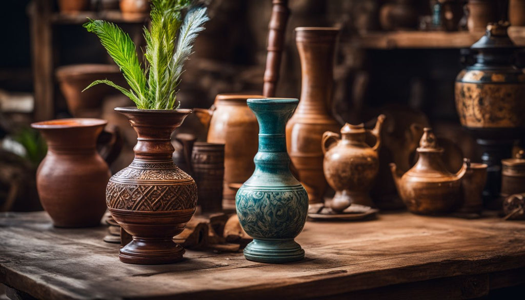 A photo of ancient ceramic bongs and historical artifacts on a table.