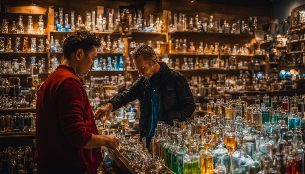 A person browsing through glass pipes at a local smoke shop.