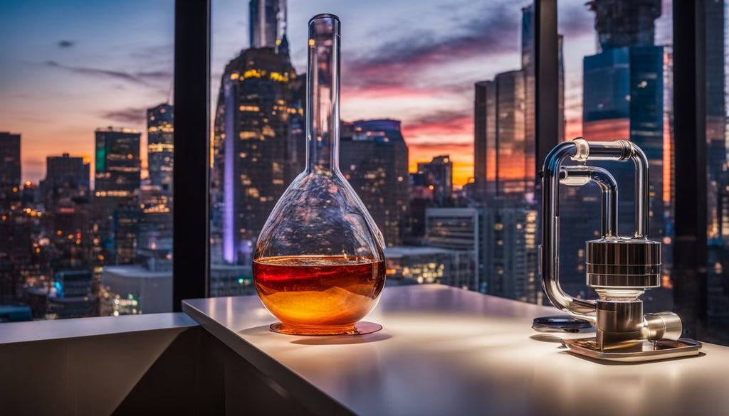 A modern glass bong on a clean countertop in a bustling atmosphere.