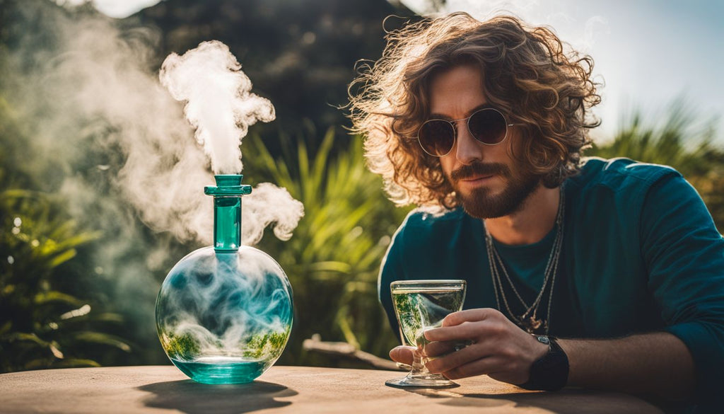 A clear glass bong with smoke in a natural outdoor setting.