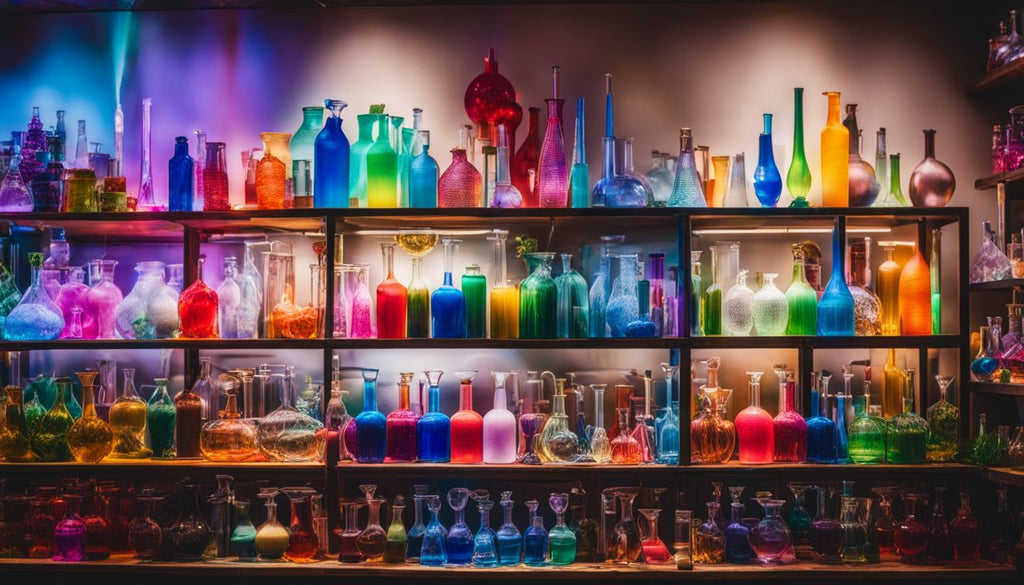 A variety of colorful bongs displayed on a store shelf.