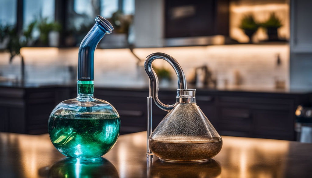 A clean bong on a modern countertop with refreshing water.
