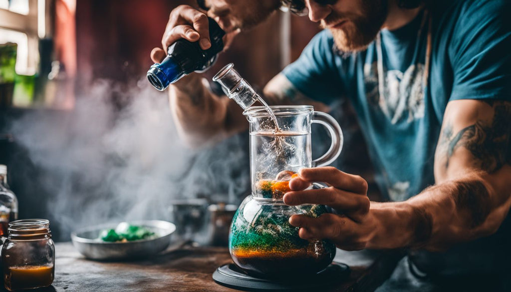 A person prepares a double perc bong surrounded by smoke.