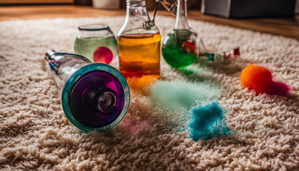 Spilled bong water on carpet with cleaning supplies and air fresheners.
