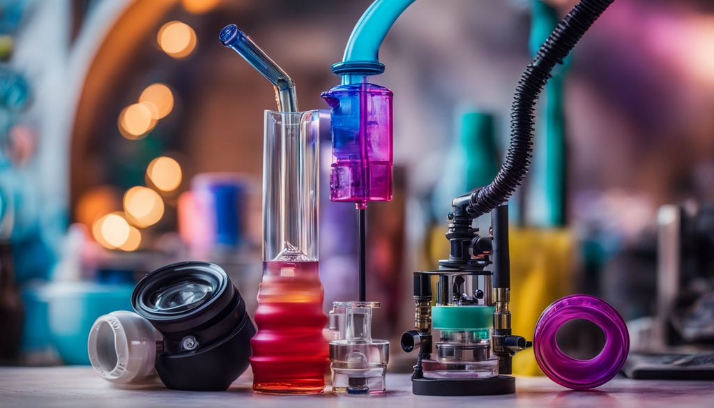 A downstem stuck in a bong surrounded by tools and solutions.