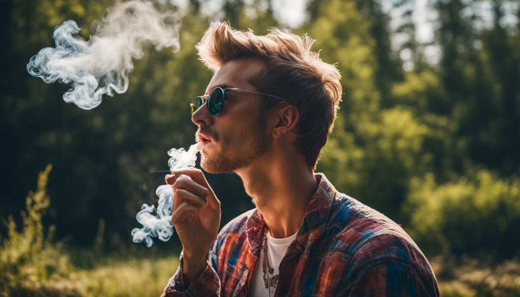A person exhales bong smoke in a peaceful outdoor setting.