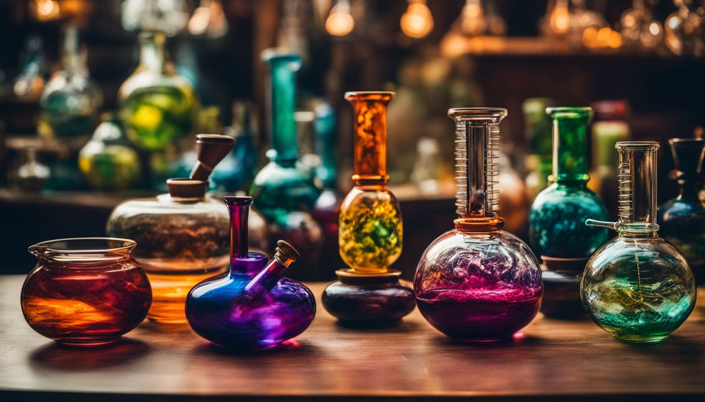 A collection of bong bowls displayed next to various-sized bongs.