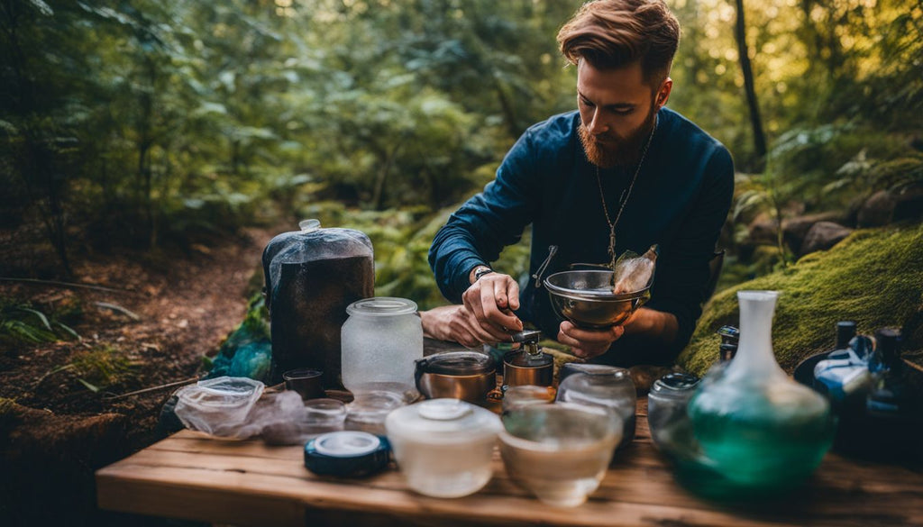 A person packing a bong bowl in a peaceful outdoor setting.
