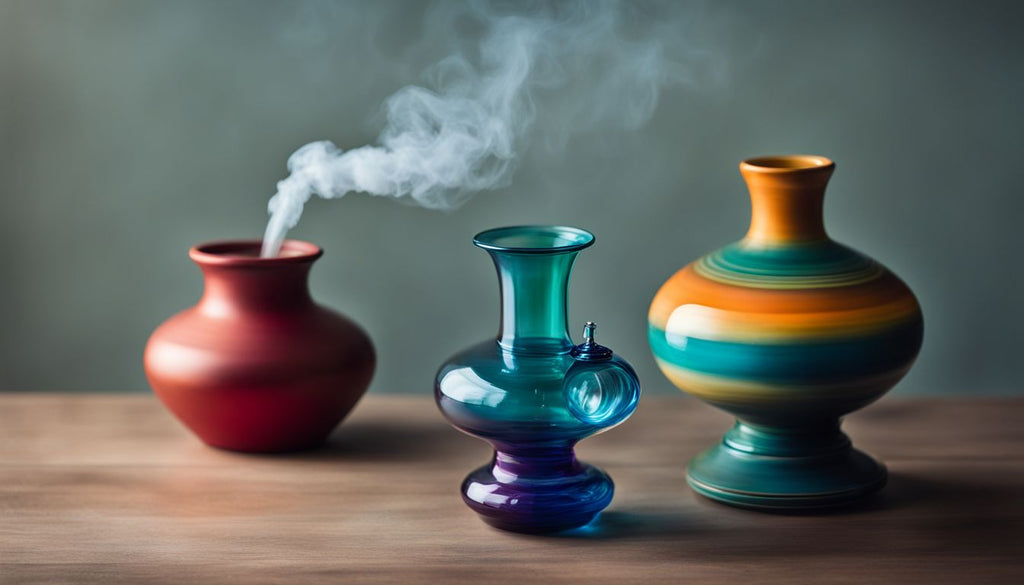 A colorful bong surrounded by smoke on a minimalist table.