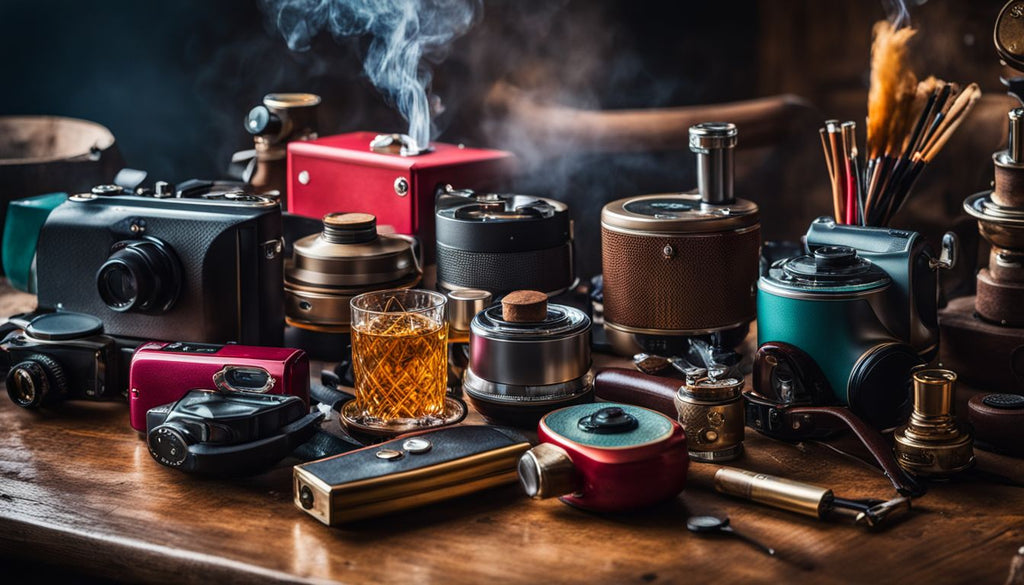 A variety of colorful smoking devices displayed on a wooden table.