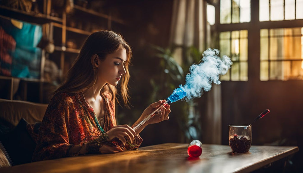 A person taking a hit from a bong in a vibrant indoor setting.