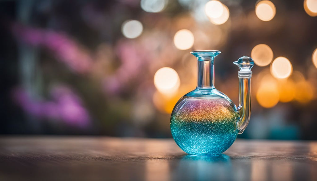 A sparkling clean bong on a well-lit surface in a colorful setting.
