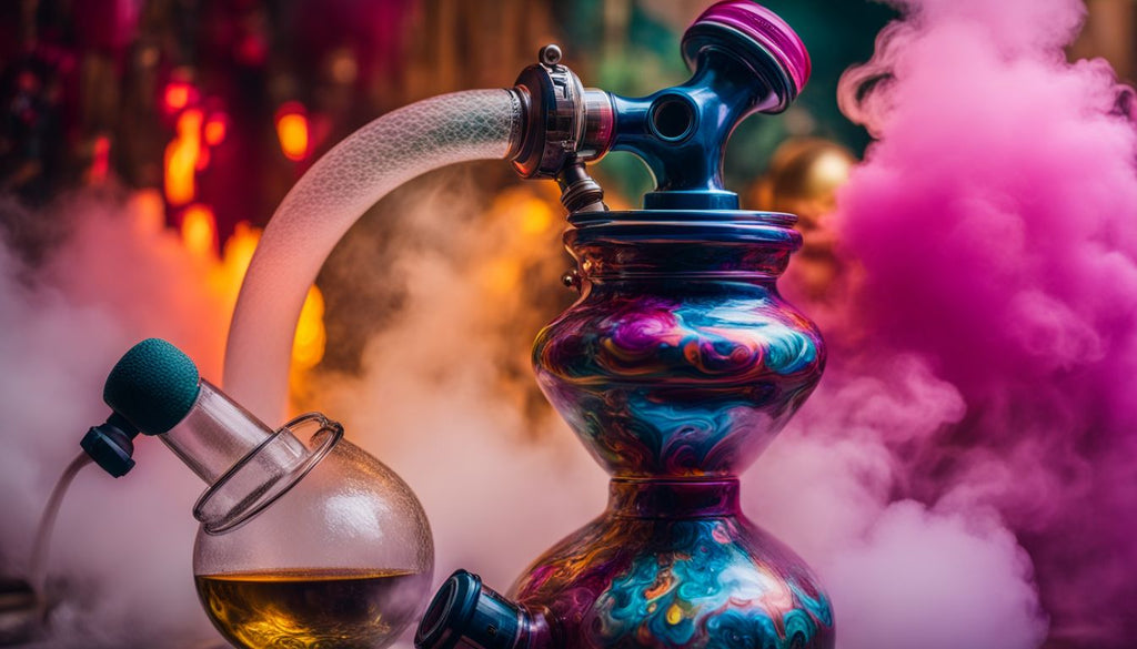 A close-up photo of a bong surrounded by swirling smoke.