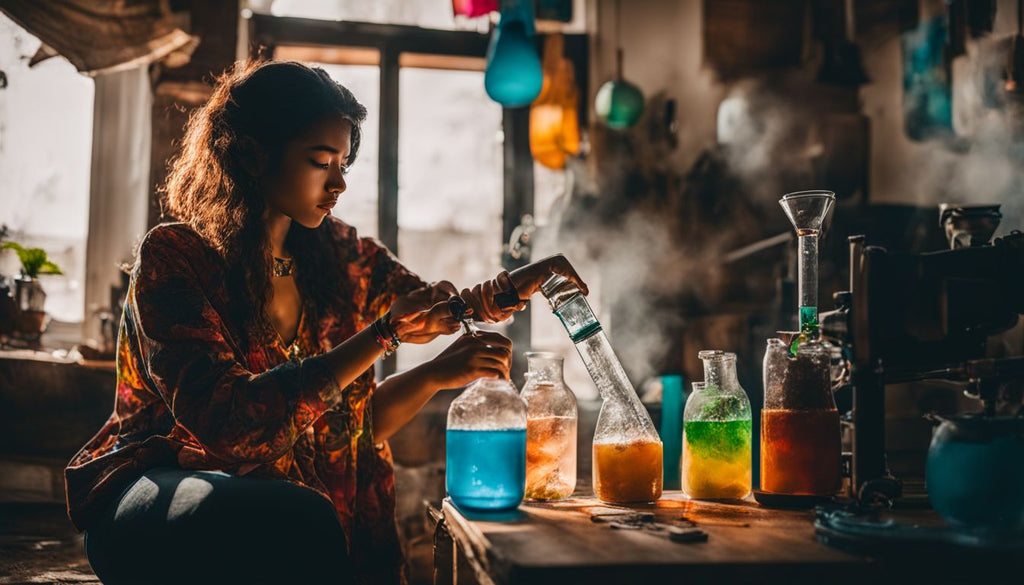 A person filling a bong with fresh water in a well-lit room.