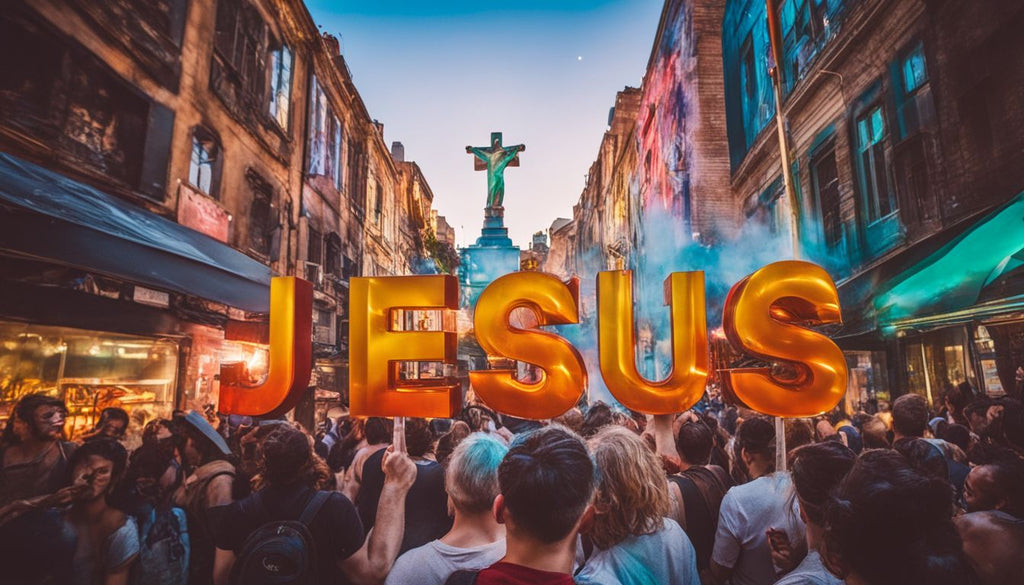 A person holding a bong with the word Jesus in the background.