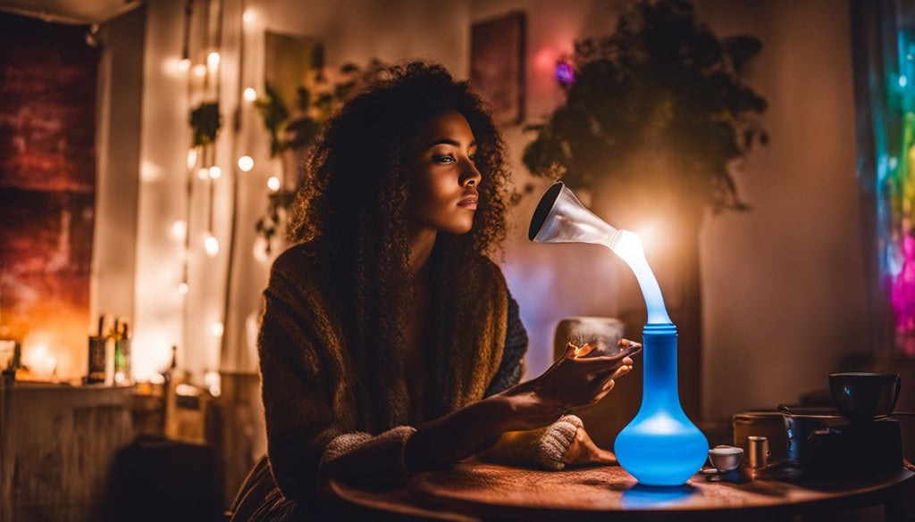 A person using a bong in a cozy room with unique individuals.