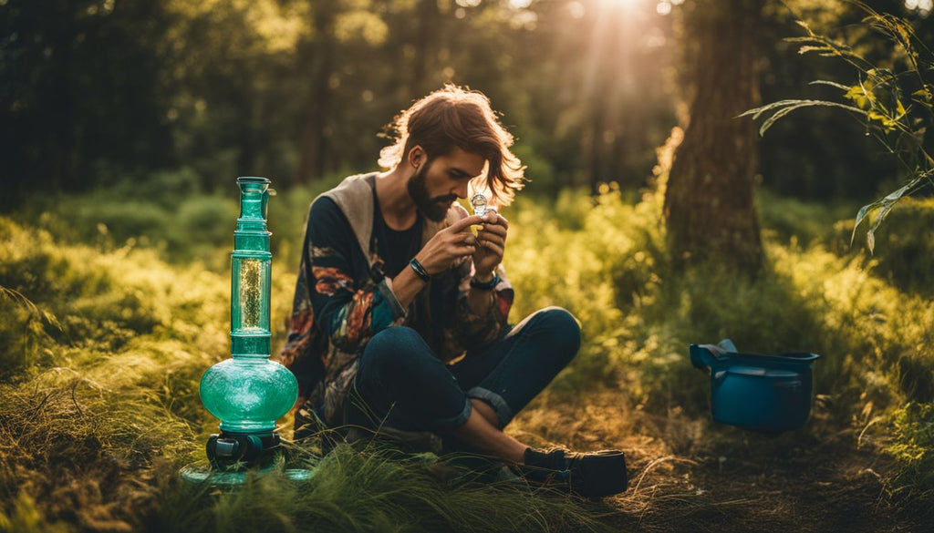 A person inhaling from a recycler bong in a serene environment.