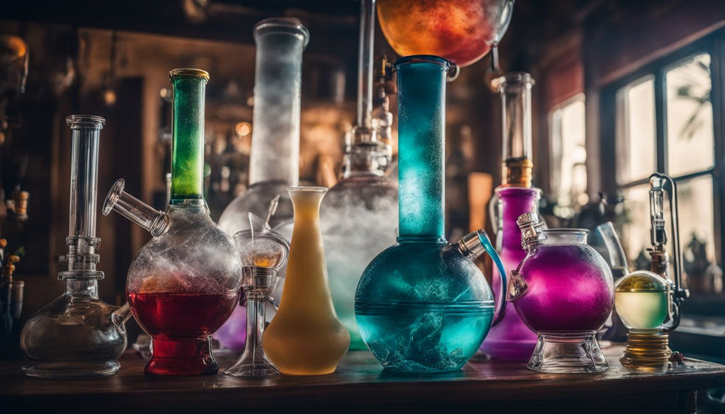A collection of colorful bongs surrounded by smoke in a well-lit room.