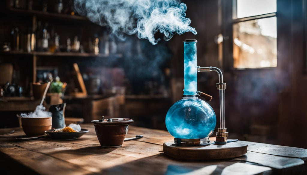 A homemade gravity bong surrounded by smoke on a wooden table.
