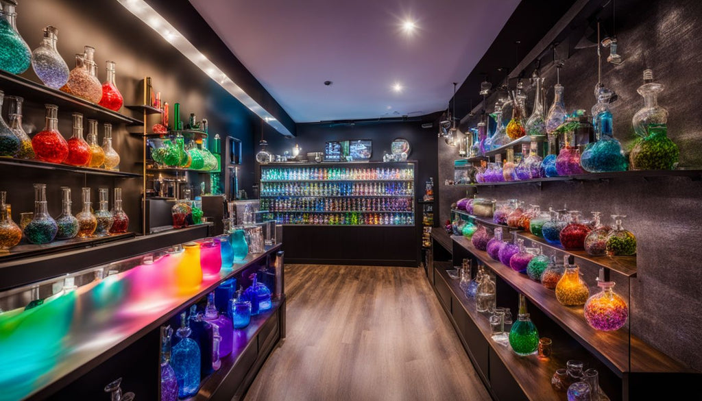An online bong shop with colorful varieties and a bustling atmosphere.